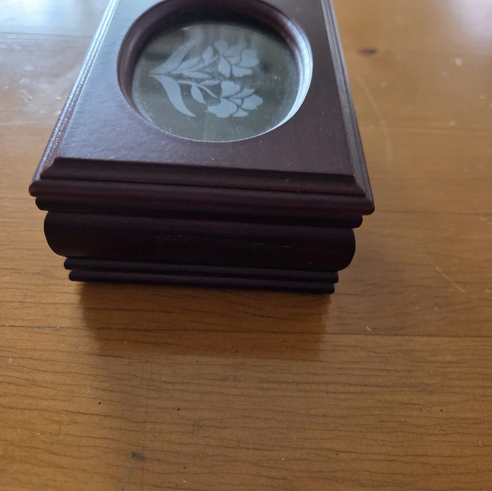 Small Wood Jewelry Box Glass Oval With Etched Flower Top